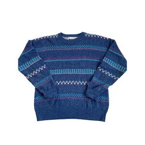 Jantzen Vtg Wool Women's Large Fair Isle Ski Crew Neck Pullover Sweater Blue 80s